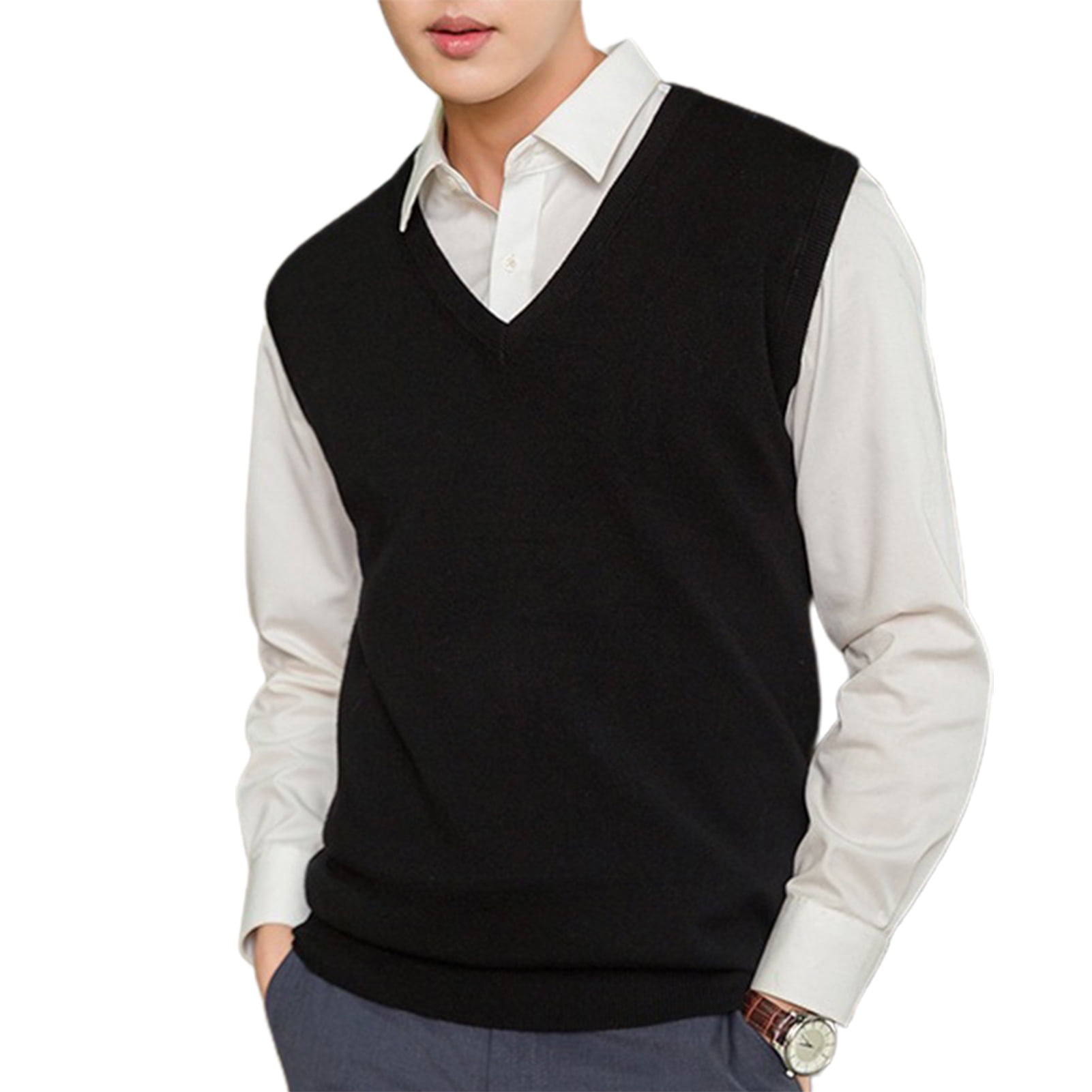 Sleeveless Loose Warm Sweater Vest Men Solid Color V-neck Pullover ...