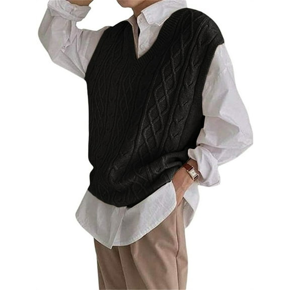 Sleeveless Loose Women's V Neck Vest Oversized Knit Tops Cable Sweater
