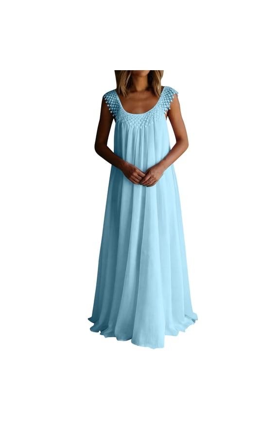 Sleeveless Maxi Dress for Women Elegant Lace Cap Sleeve Pleated Long Dresses Cocktail Party Formal Evening Gown