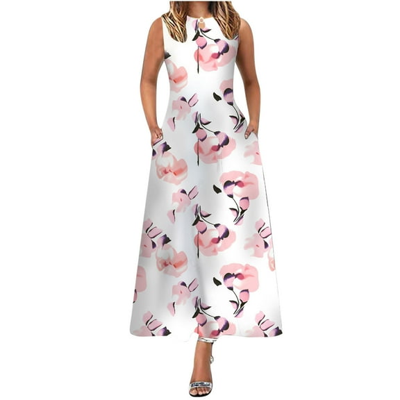 Sleeveless Maxi Dresses for Women Vintage a Line Swing Dresses Casual Sundress with Pockets Boho Floral Print Long Dress