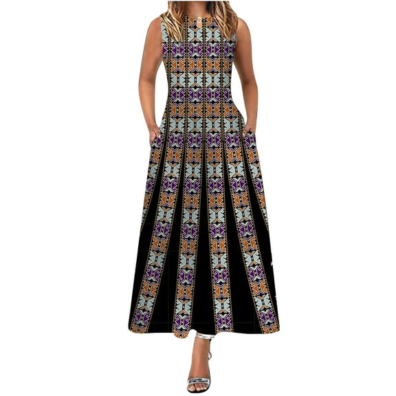 Sleeveless Maxi Dresses for Women Vintage a Line Swing Dresses Casual Sundress with Pockets Boho Floral Print Long Dress