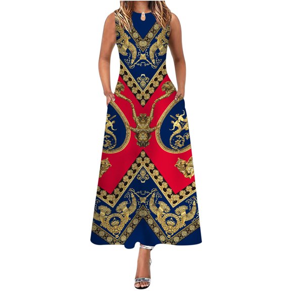 Sleeveless Maxi Dresses for Women Vintage a Line Swing Dresses Ethnic Print Long Dress Loose Tank Dress with Pockets
