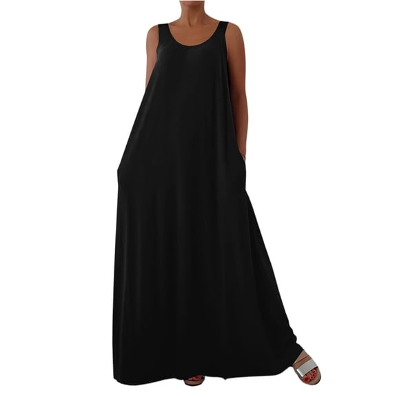 Sleeveless Maxi Slip Dress, V-Neck Loose Fit Tank Dress, Cool and Breezy Summer Dress for Hot Days, Beach Cover-Ups, and Vacations Black L
