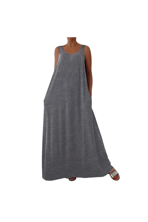 Sleeveless Maxi Slip Dress, V-Neck Loose Fit Tank Dress, Cool and Breezy Summer Dress for Hot Days, Beach Cover-Ups, and Vacations Gray 2XL