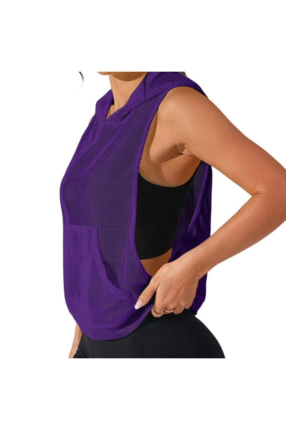 Sleeveless Mesh Hoodies for Women Hooded Tank Workout Crop Top Open Side Athletic Gym Tops Purple