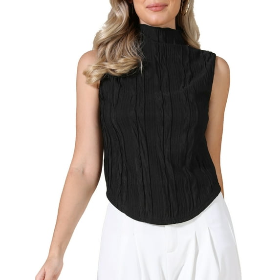 Sleeveless Mock Neck Tank Top for Women Textured Summer Business Casual Outfits Trendy Shirts L Black
