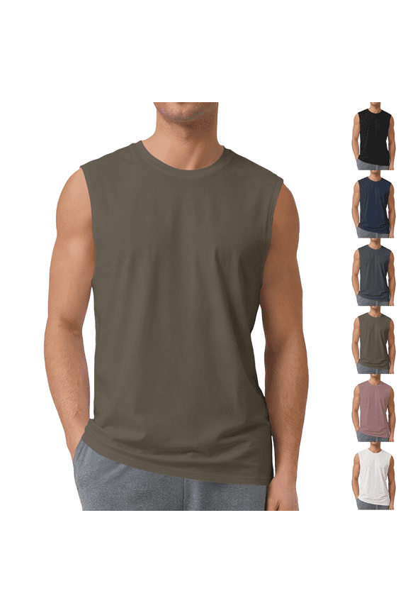 Sleeveless Muscle Tees for Men Cotton Round Neck Workout Shirts Breathable Quick Dry Tops for Gym Light Brown L