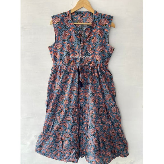 Sleeveless New Block Wood Floral Dress,Humming Dress,Summer Dress,Handblock Dress,Block print Dress,Dresses For Woman,Button Dress,Pocket