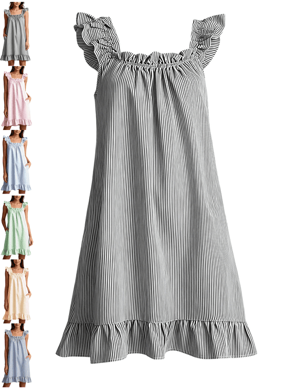 Sleeveless Nightgowns for Women Cotton Ruffles Sleep Dress with Pockets Lightweight Soft Ladies Gowns Sleepwear