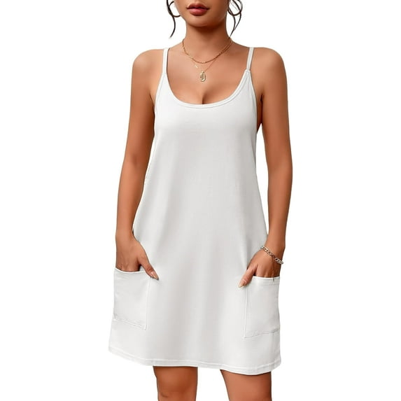Sleeveless Nightgowns for Women Cotton Sleepwear Adjustable Spaghetti Strap Chemise Dress with Pockets S-3XL