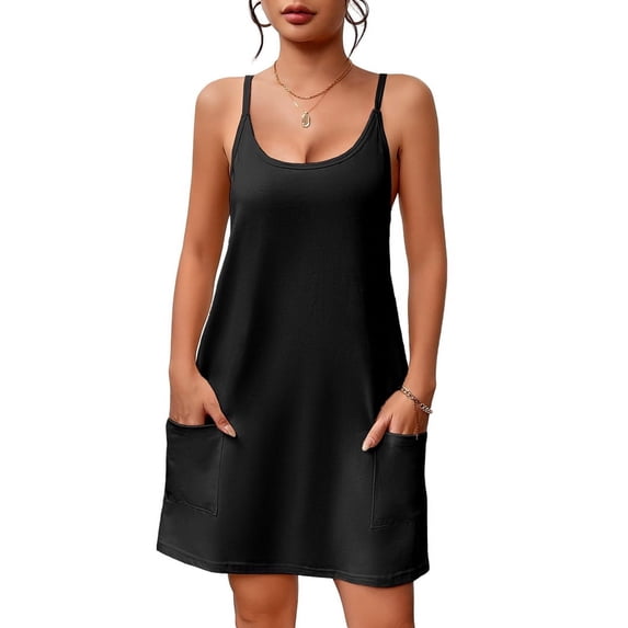 Sleeveless Nightgowns for Women with Pockets Spaghetti Strap Dress Racerback Chemise Night Gowns Black XL