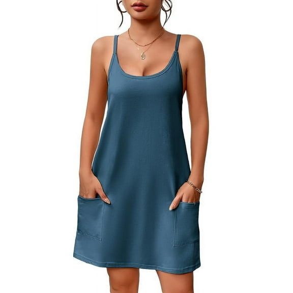 Sleeveless Nightgowns for Women with Pockets Spaghetti Strap Dress Racerback Chemise Night Gowns Blue and Green XXL