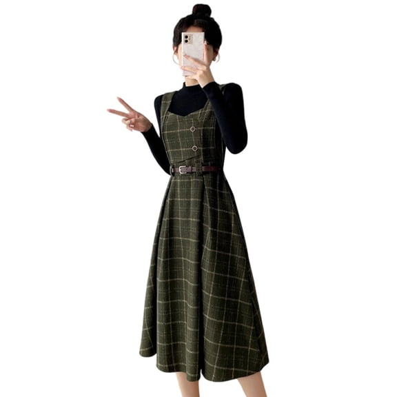 Sleeveless Plaid Belted Dress for Women Fall Winter Elegant Midi Overall Pinafore Apron Dress Green S