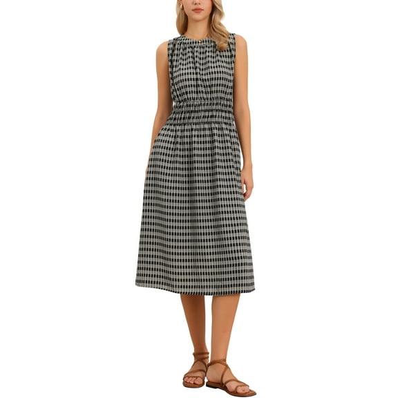 Sleeveless Plaid Dress for Women Crew Neck Smocked Waist Midi Dress XS Black