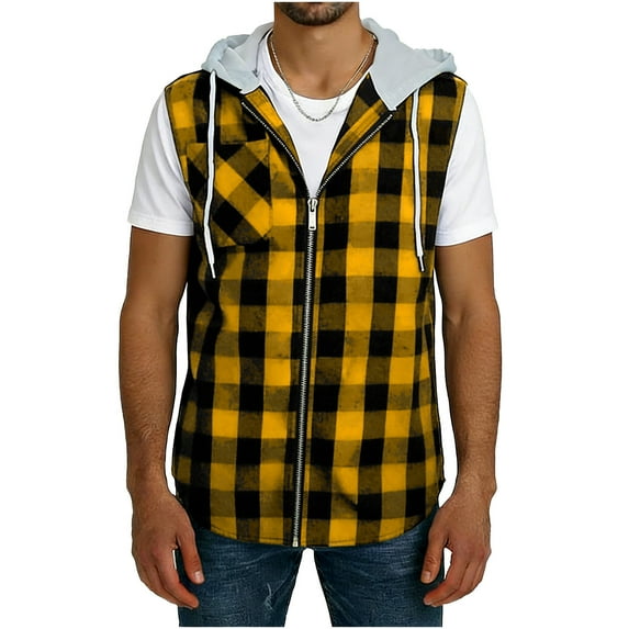 Sleeveless Plaid Vest Hoodies for Men Casual Patchwork Zipper Shirt Blouse Summer Beach Tops with Pocket