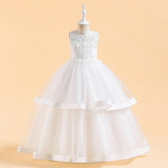 Sleeveless Prom Dresses for Girls Layered-Tulle Size 8-12 Tweens Lace Splice Crewneck A-Line Wedding Guest Flower Girls Birthday Party Dress