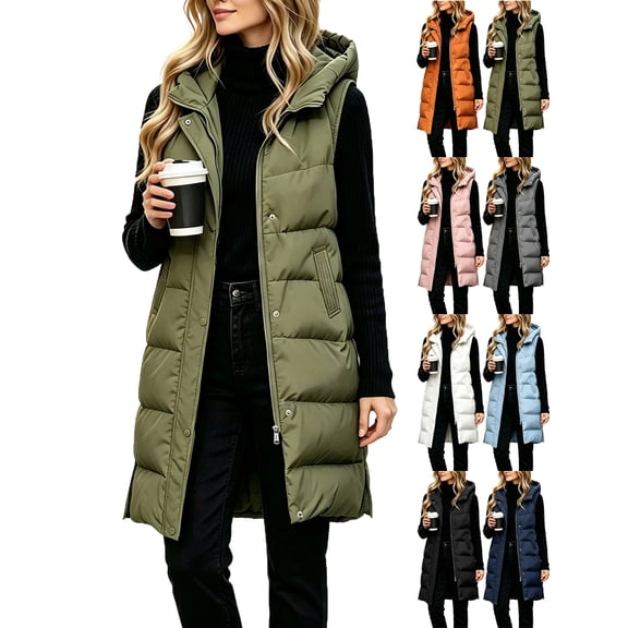 Sleeveless Puffer Jacket for Womens Cozy Thermal Knee Length Hooded Jacket with Snap Buttons and Zip for Fall Winter