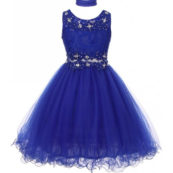 Sleeveless Rhinestones Lace Pageant Easter Graduation Big Flower Girl Dress (50K10D) Royal 18