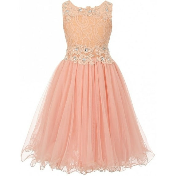 Sleeveless Rhinestones Lace Pageant Easter Graduation Junior Flower Girl Dress (50K10D) Peach 20