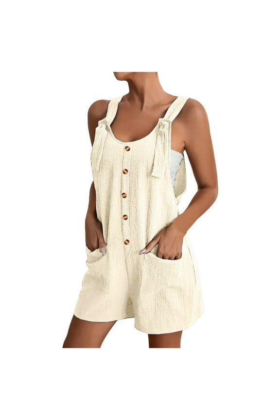 Sleeveless Rompers for Women Scoop Neck Jumpsuits Button down Tank Top Rompers with Pockets