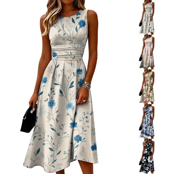 Sleeveless Ruched Waist A-Line Dress for Women - Casual Midi Sundress with Artistic Floral Print, Round Neck Flowy Summer Beach Party Gown Light pink S