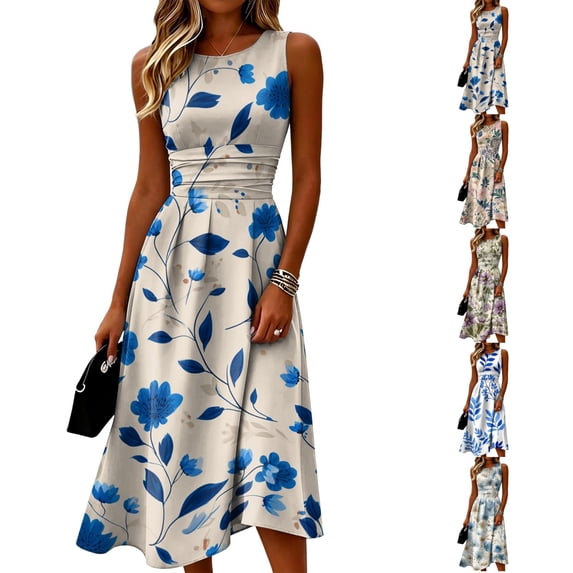 Sleeveless Ruched Waist Midi Dress for Women - Elegant A-Line Round Neck Sundress with Vibrant Botanical Floral Print, Boho Summer Beach Party Flowy Gown Blue S
