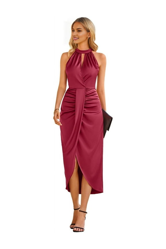 Sleeveless Satin Backless Evening Gown Wine Red S as shown in the picture