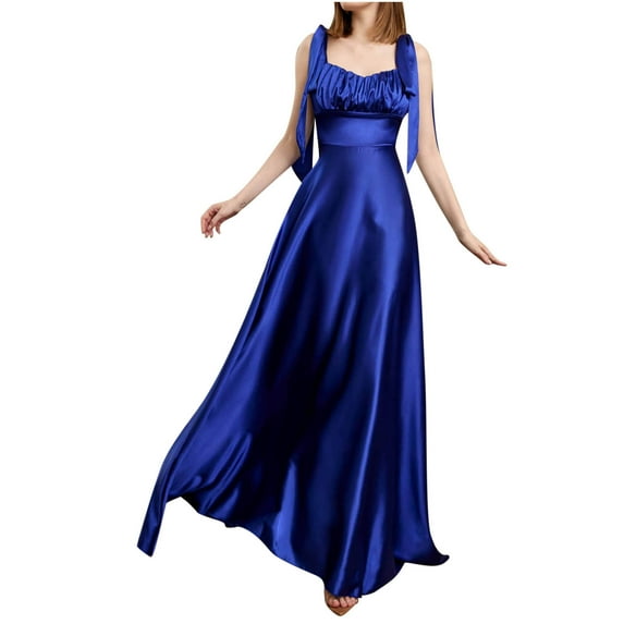 Sleeveless Satin Prom Dress Sweetheart Neck Bandage Tunic High Waist Flowy Maxi Dresses Cocktail/Wedding Guest Dress Blue,L