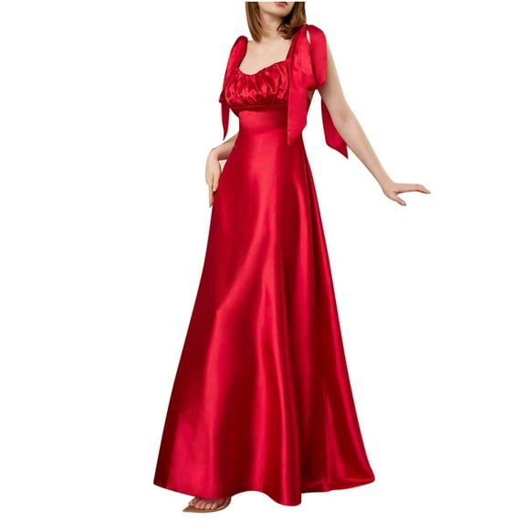 Sleeveless Satin Prom Dress Sweetheart Neck Bandage Tunic High Waist Flowy Maxi Dresses Cocktail/Wedding Guest Dress Wine,XL