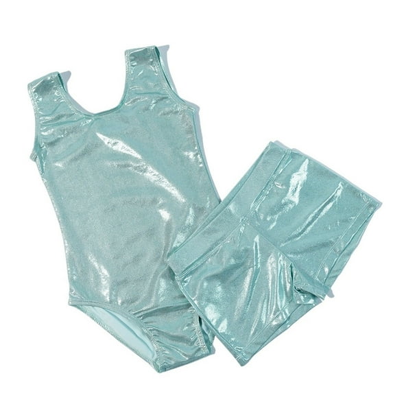 Sleeveless Shiny Girls Gymnastic Dance Trainingwear Tank Leotard With Short Suit