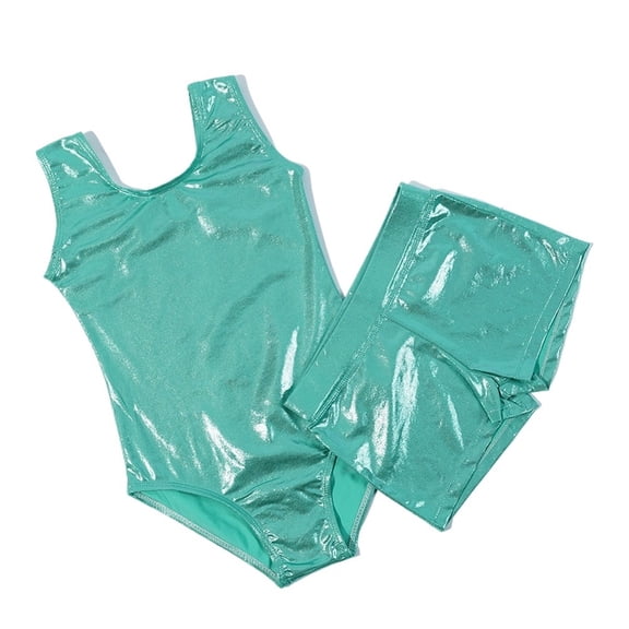 Sleeveless Shiny Girls Gymnastic Dance Trainingwear Tank Leotard With Short Suit