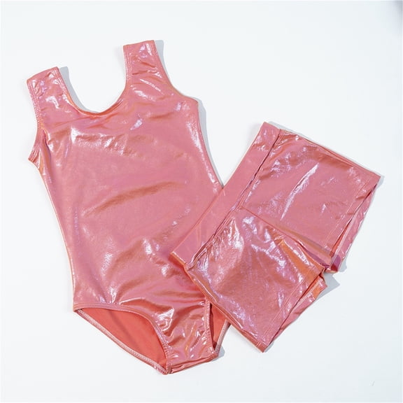 Sleeveless Shiny Girls Gymnastic Dance Trainingwear Tank Leotard With Short Suit