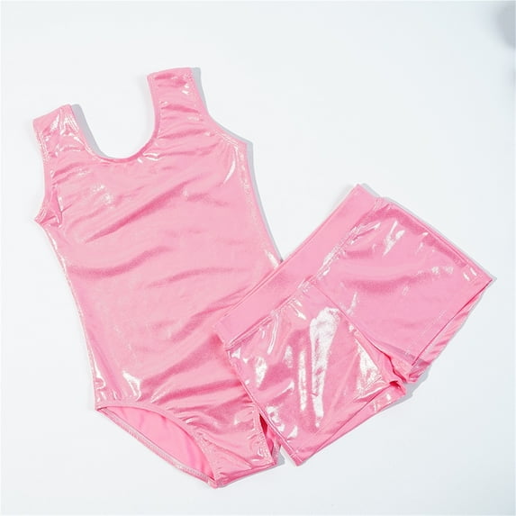 Sleeveless Shiny Girls Gymnastic Dance Trainingwear Tank Leotard With Short Suit