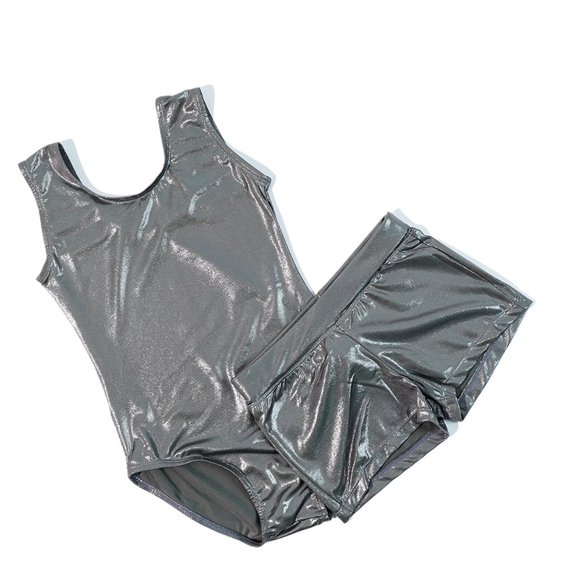 Sleeveless Shiny Girls Gymnastic Dance Trainingwear Tank Leotard With Short Suit
