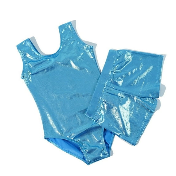 Sleeveless Shiny Girls Gymnastic Dance Trainingwear Tank Leotard With Short Suit