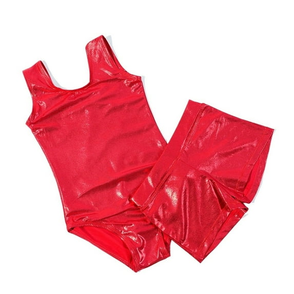 Sleeveless Shiny Girls Gymnastic Dance Trainingwear Tank Leotard With Short Suit