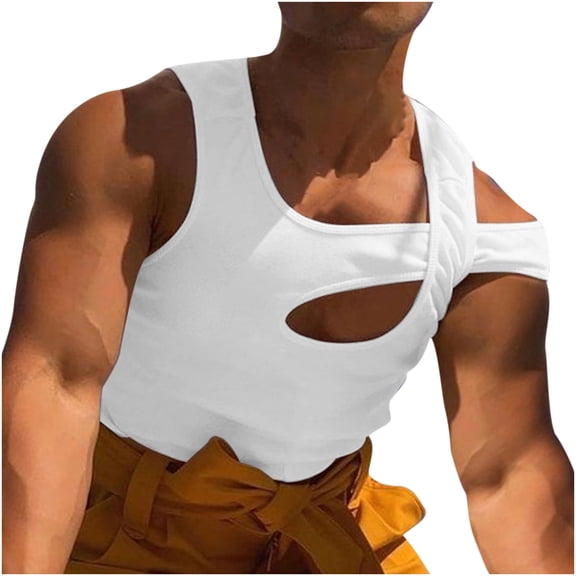 Sleeveless Shirt for Men Men's Hollow Out T-Shirt off-the-shoulder Bottoming Shirt Vest White 10(XL)