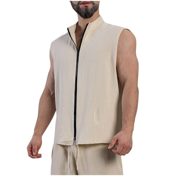 Sleeveless Shirts For Men Qiggri Men's Fashion Casual Solid Color Zipper Sports Cardigan Round-Neck Tank Top Athletic Tank Top