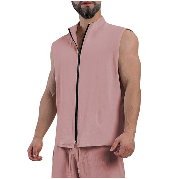 Sleeveless Shirts For Men Qiggri Men's Fashion Casual Solid Color Zipper Sports Cardigan Round-Neck Tank Top Athletic Tank Top
