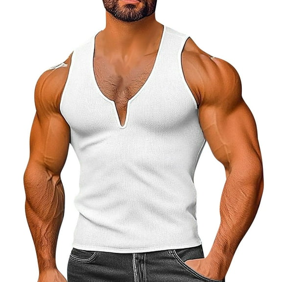 Sleeveless Shirts For Men Qiggri Summer Knitted Fitness Top Solid Color Casual Sleeveless Men's I-Shaped V-Neck Sleeveless Top Muscle Shirts For Men