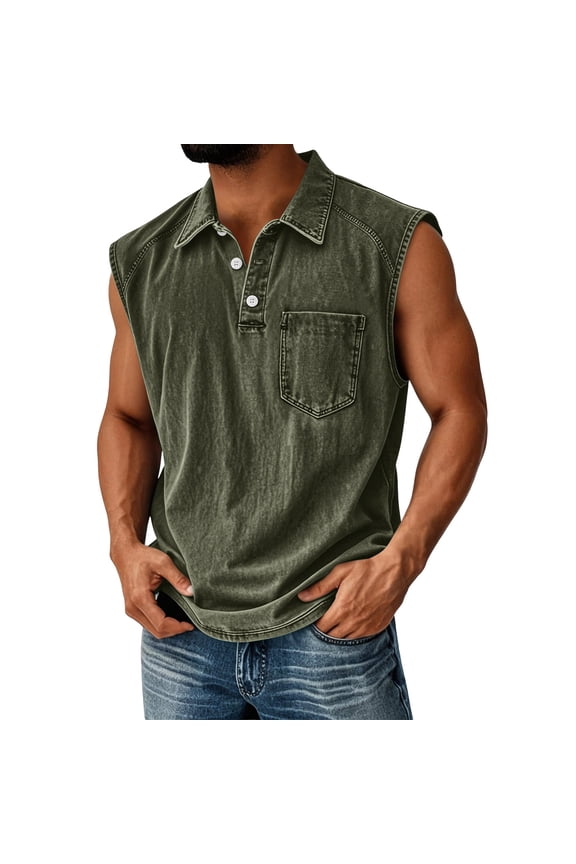 Sleeveless Shirts for Men with Square Neck Buttons and Athletic Pockets Featuring Breathable Muscle Fits for Gym Workouts Running Trails Beach Days Summer Training Army Green XL