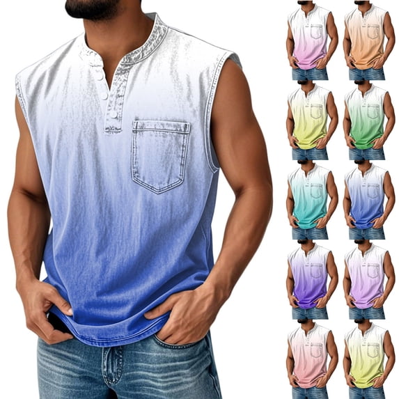 Sleeveless Shirts for Men, Men's Retro Stand Collar Casual Pocket Solid Color Sleeveless Henley Shirt Yellow L