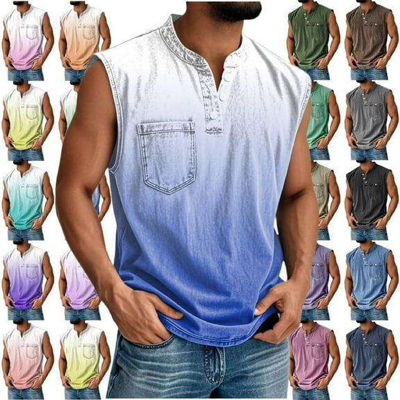 Sleeveless Shirts for Men, Men's Vintage Washed and Distressed Cotton Button-Down Stand Collar Pocket Henley Shirts with Pocket Saffron XL