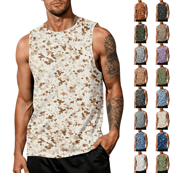 Sleeveless Shirts for Men Workout Tank Top Cotton Gym Muscle Shirt Moisture Wicking Athletic Summer Sleeveless Camo Top Complexion 5XL