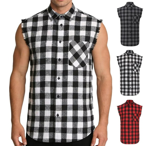 Sleeveless Shirts for Men with Pocket Button-Down Collared Tank Tops Mens Casual Plaid Printed Breathable Streetwear Beach Vests
