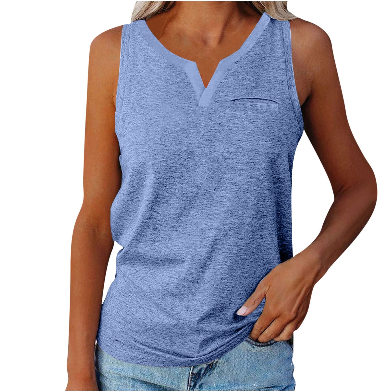 Sleeveless Shirts for Women Cotton Summer Solid Color V-Neck Pocket ...