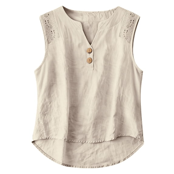 Sleeveless Shirts for Women Floral Eyelet V Neck Linen Tank Top Boho Button Up Peasant Tops Beige M