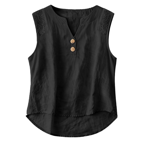 Sleeveless Shirts for Women Floral Eyelet V Neck Linen Tank Top Boho Button Up Peasant Tops Black XL