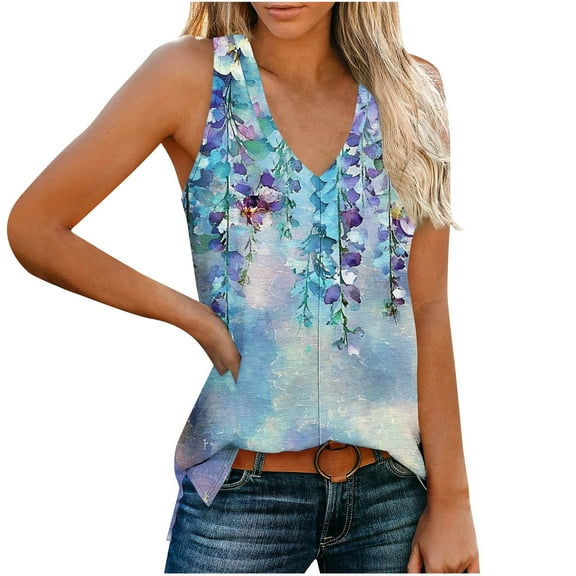 Sleeveless Shirts for Women Summer Casual V Neck Floral Printed Flowy Tank Tops Loose Blouses with Side Split (2XL, Multicolor 1)