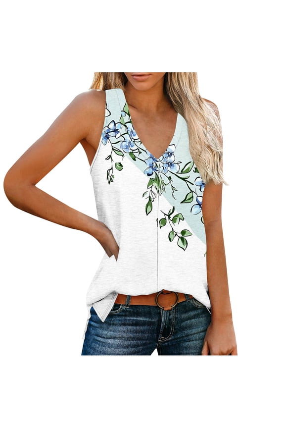 Sleeveless Shirts for Women Summer Casual V Neck Floral Printed Flowy Tank Tops Loose Blouses with Side Split (2XL, Multicolor 3)